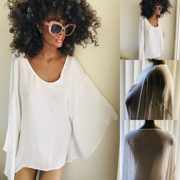Fabulous Lightweight White Angel Sleeve Caftan Resort Cruise Blouse Size Large - Picture 3 of 10